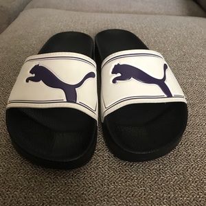 Purple and white puma slides